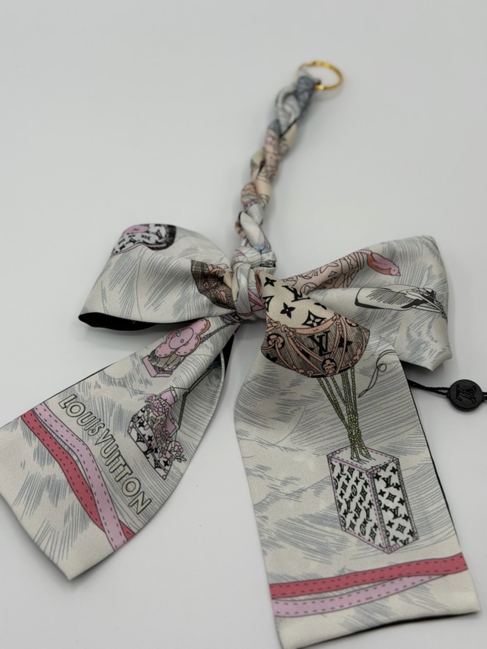 Louis Vuitton Cream and Pink Silk Bow Bag Charm with Gold Ring